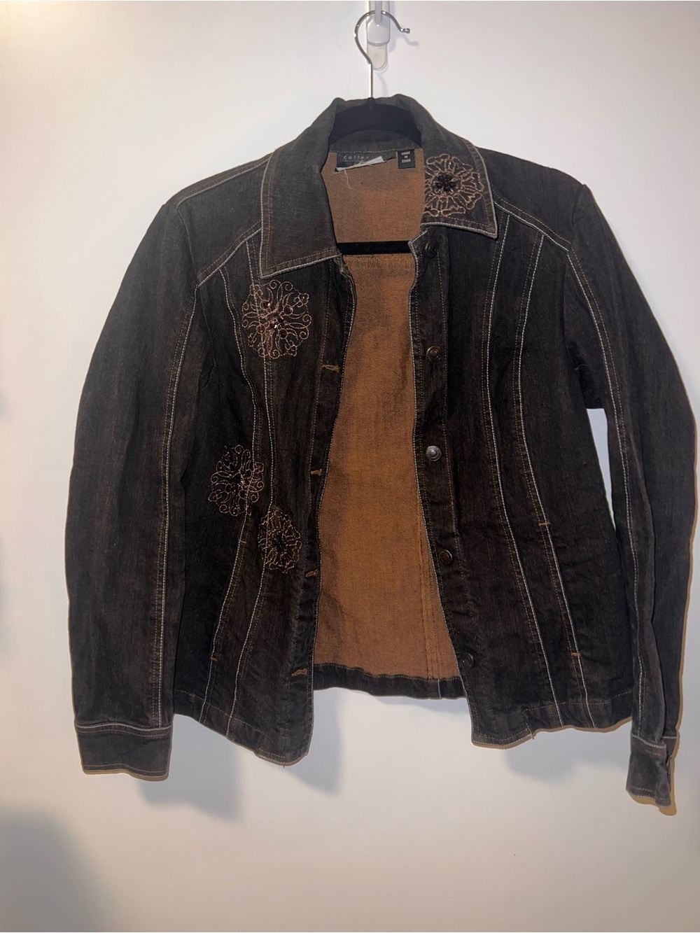 Embroidered Brown Denim Jacket with Contrast Stitching